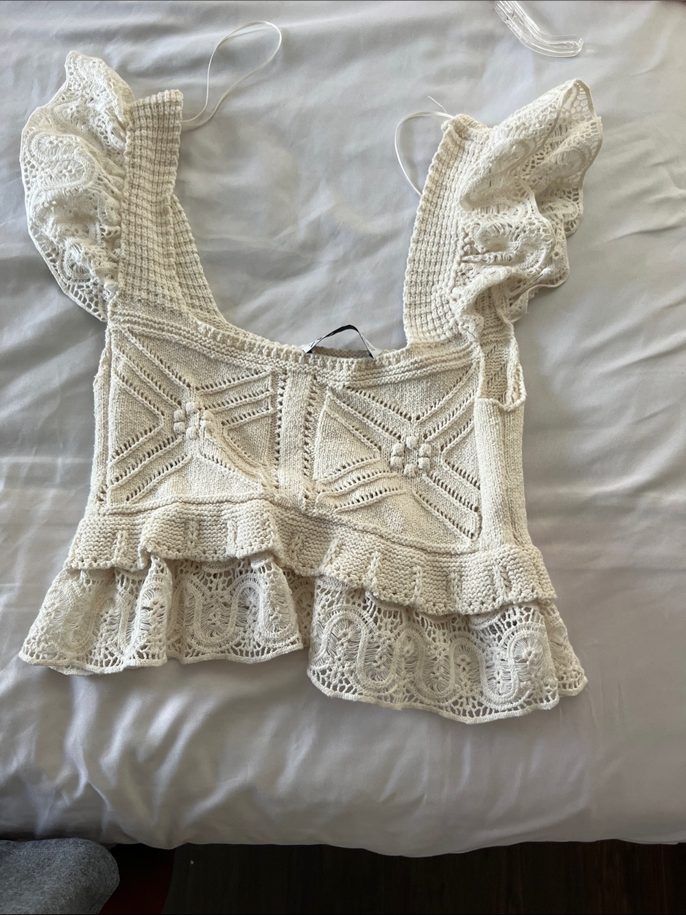 Zara Cream Crochet Knit Ruffle-Trim Camisole